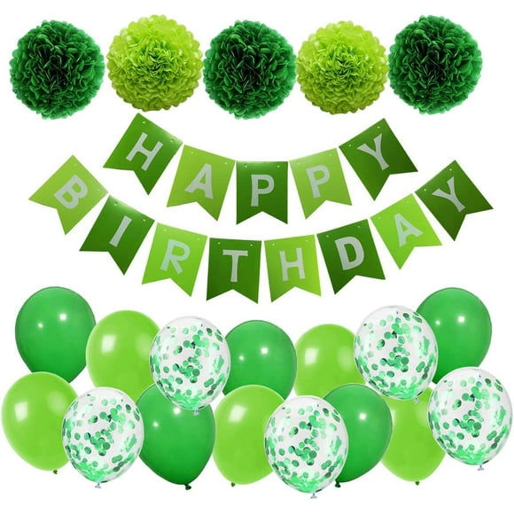 Décoration d'anniversaire Guirlande de joyeux anniversaire verte avec pompons et ballons Ballons confettis verts pour la décoration de fête d'anniversaire