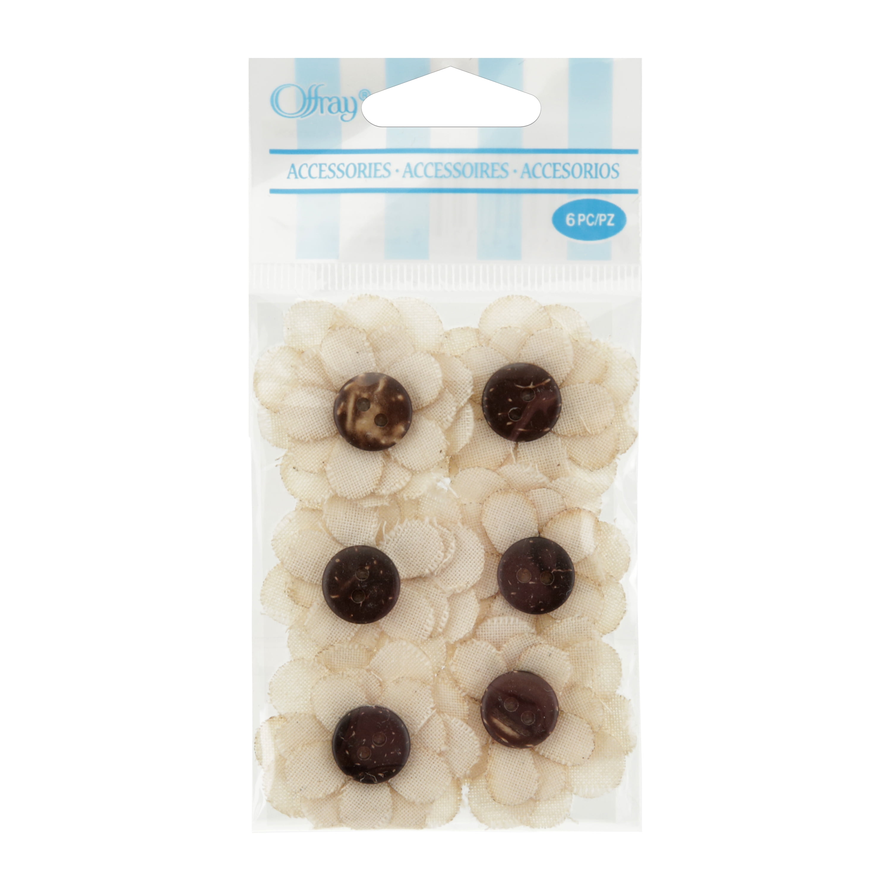 Offray Accessories, Natural Linen Flower with Button Center Accessory for Crafting, 6 Count