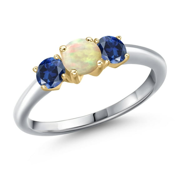 Gem Stone King 10K Two Tone Gold White Ethiopian Opal and Blue Created Sapphire Engagement Ring for Women | 0.80 Cttw | Round Cabochon 5MM | Gemstone October Birthstone | Size 9