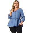 thumbnail image 4 of Women's Plus Size Peplum Top Pullover Puff Sleeve High Waist Chambray Blouse Blue 4X, 4 of 7
