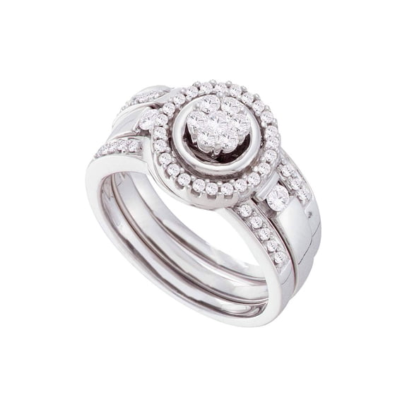 14kt White Gold Diamond Cluster 3-Piece Bridal Wedding Ring Band Set 1/2 Cttw