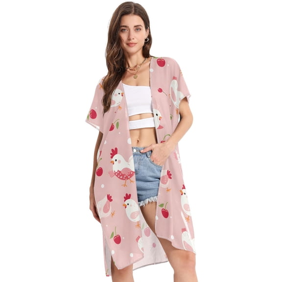 Beach Vacation Clothes Kimono Cardigan Loose Swimsuit Cover Up for Women Cute Chicken with Cherry S