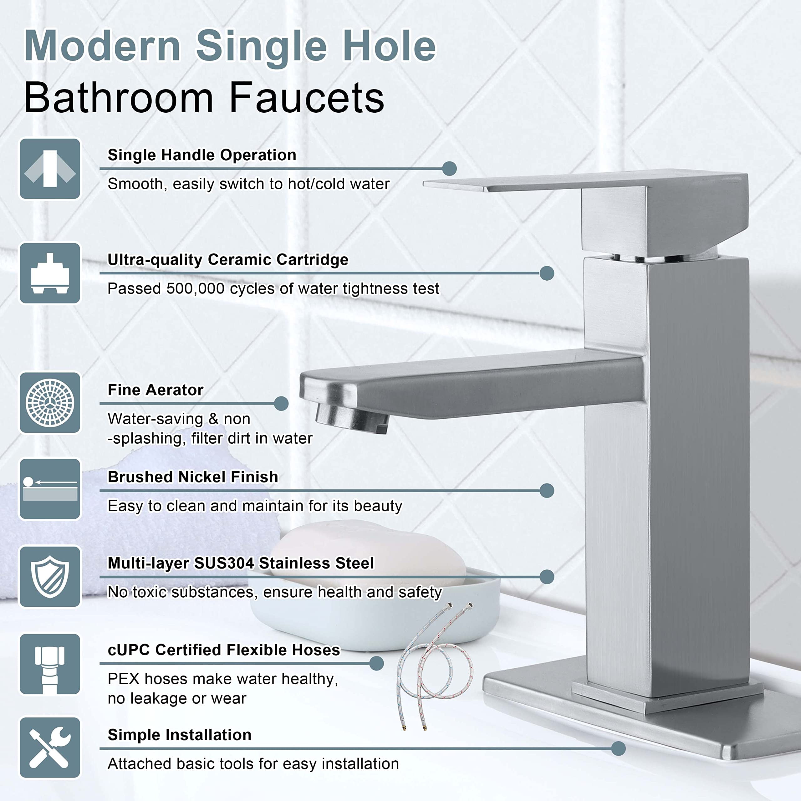 Coliware Brushed Nickel Bathroom Faucet with Bathroom Sink Drain, Single Handle Bathroom Faucets for Sink 1 or 3 Holes, Stainless Steel Vanity RV Lavatory Faucet