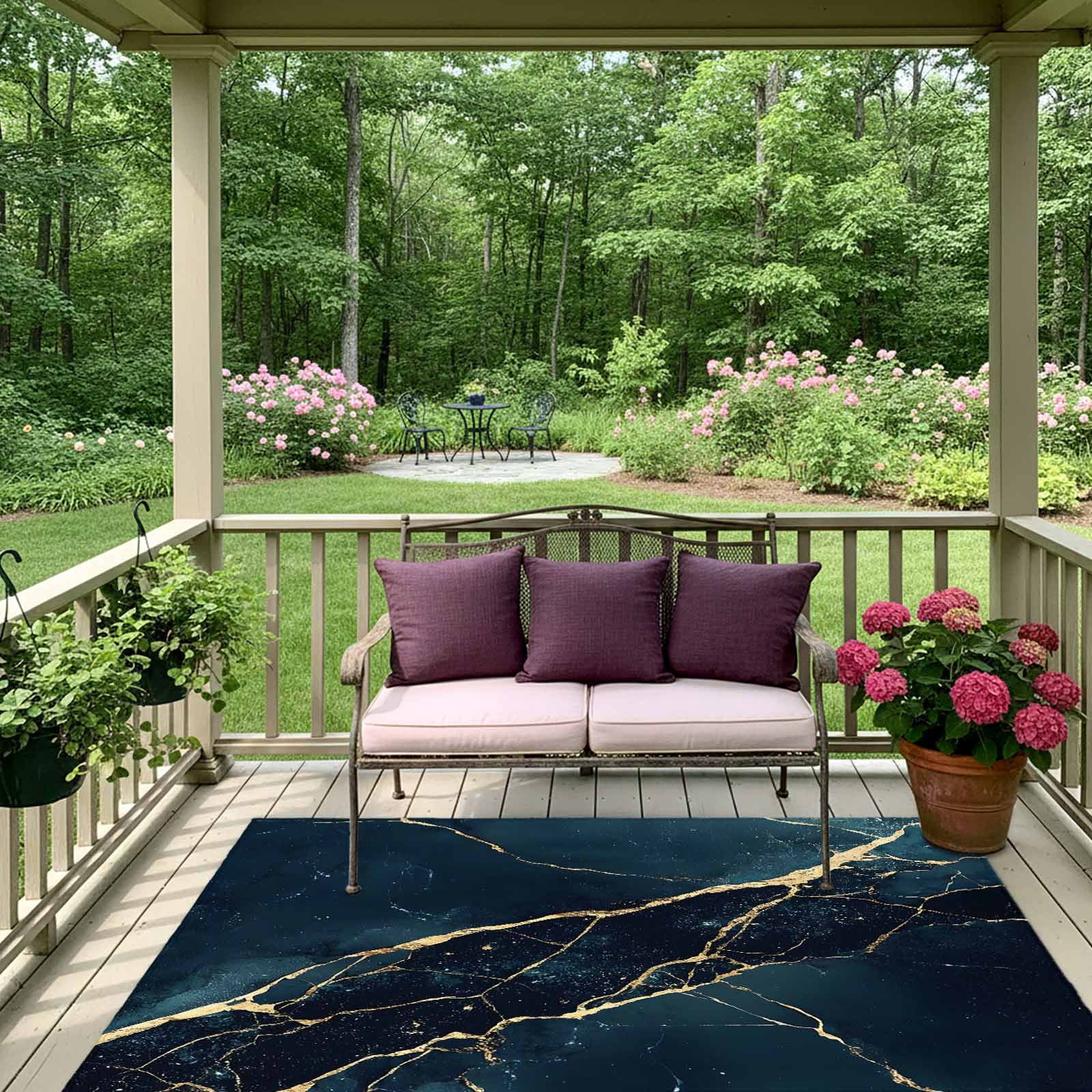 Outdoor Rug 5x8ft Green Marble Large Area Rug Golden Ripple Indoor Outdoor Carpet Outdoor Rugs Mats for Patio Camping,RV,Front Door, Outside Decor