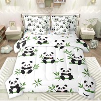 jejeloiu Cute Panda 7-Piece Bedding Comforter Set,Zoo Animal King Bedding Sets,White Black Green Bed Sheets For Boys Girls,Ultra Soft Home Decor Reversible