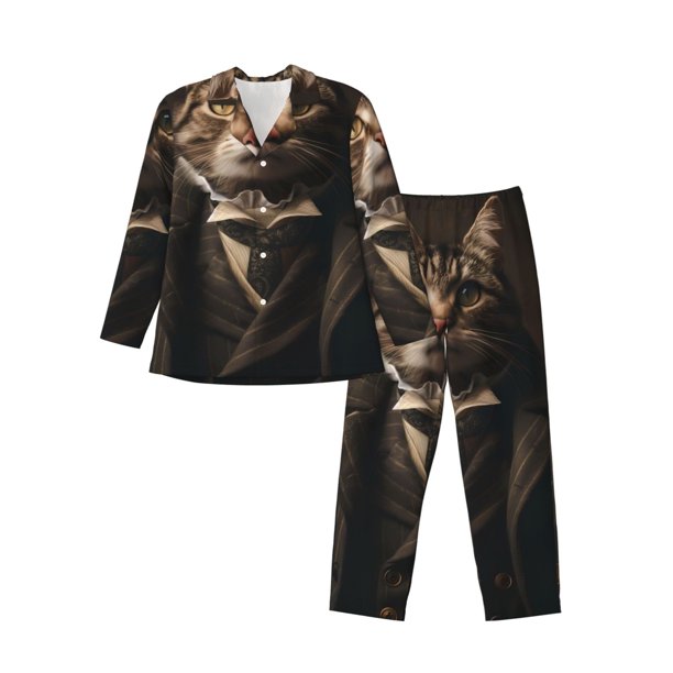 Fotbe Victorian Gentle Cat Pijama de Hombre con Estampado de Manga Larga, Conjunto de 2 Piezas, Ropa de Dormir Suave y Cómoda con Bolsillos-XX-Large