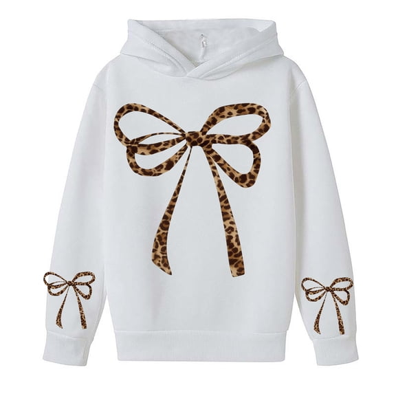 KKBOTIVE Bow Leopard Print Hoodies for Girls Casual Long Sleeve Sweatshirt for Kids Fall Winter Fashion Clothes ( White Size: 9-10 years )