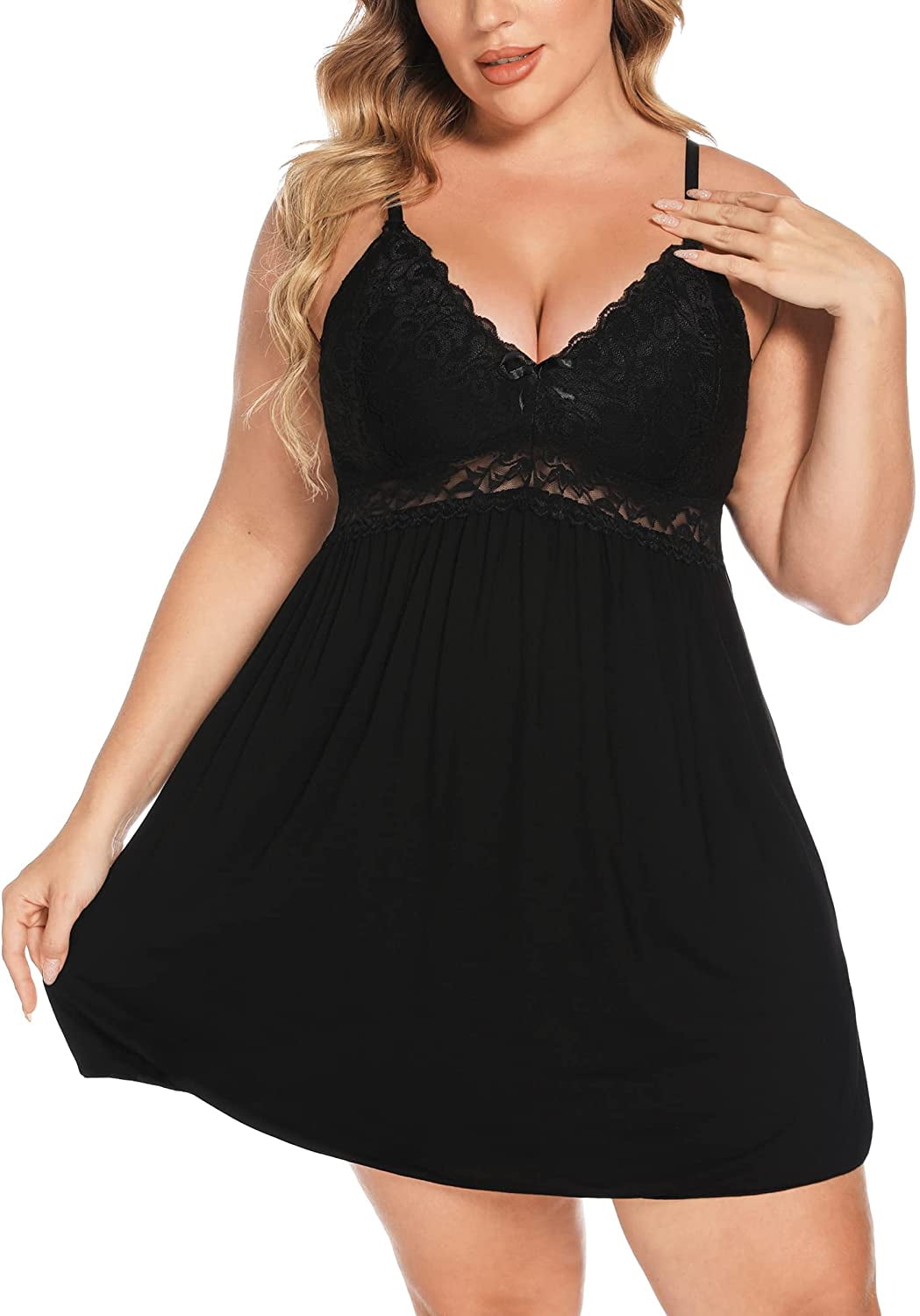 Ababoon Plus Size Lingerie for Women Lace Modal Chemises Nightgown V-Neck  Full Slip Babydoll Sleepwear Size 16-24 Plus