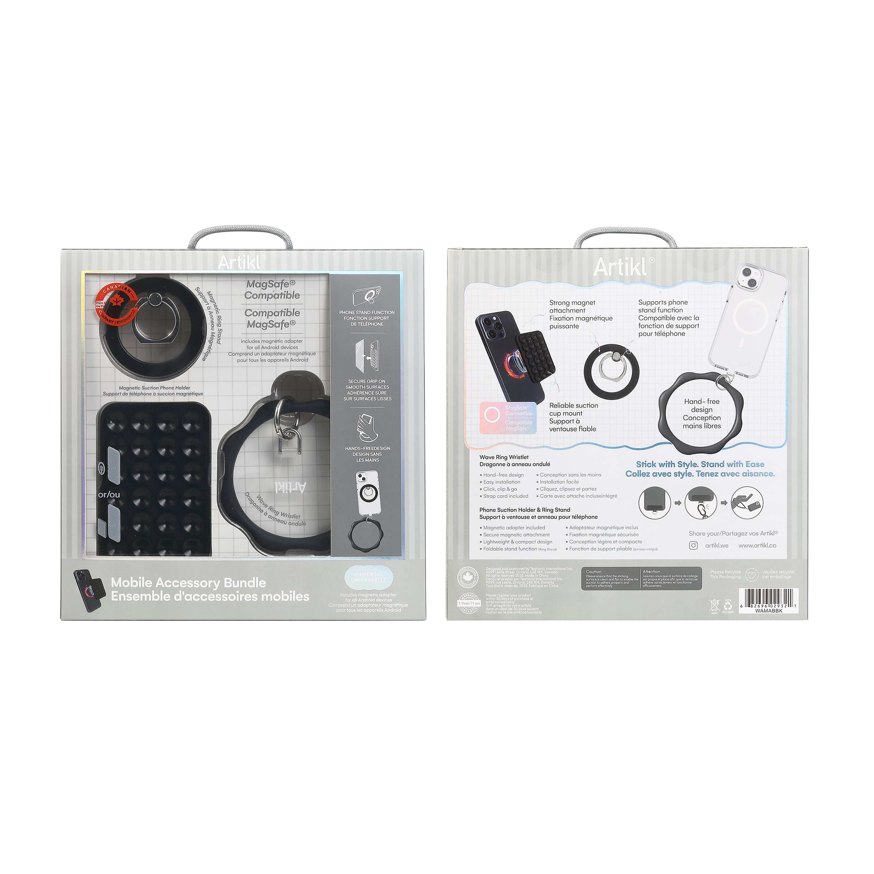 Ensemble d’accessoires universel compatible MagSafe Artikl – Support à ventouse OctoMag, support pliable à anneau et dragonne en silicone – Noir