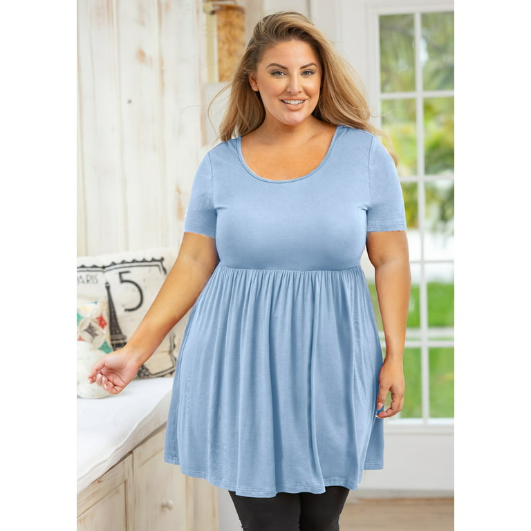 SHOWMALL Plus Size Clothes for Women Short Sleeve Light Blue 1X Crewneck  Summer Tunic Dress Pleated Flowy Maternity Loose Fit Babydoll T Shirt 