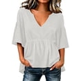 thumbnail image 2 of ClodeEU Women's Deep V Neck Ruffle Babydoll Blouse,Short Flare Sleeve Loose Peplum Tunic Top White,Women's Plus L, 2 of 5