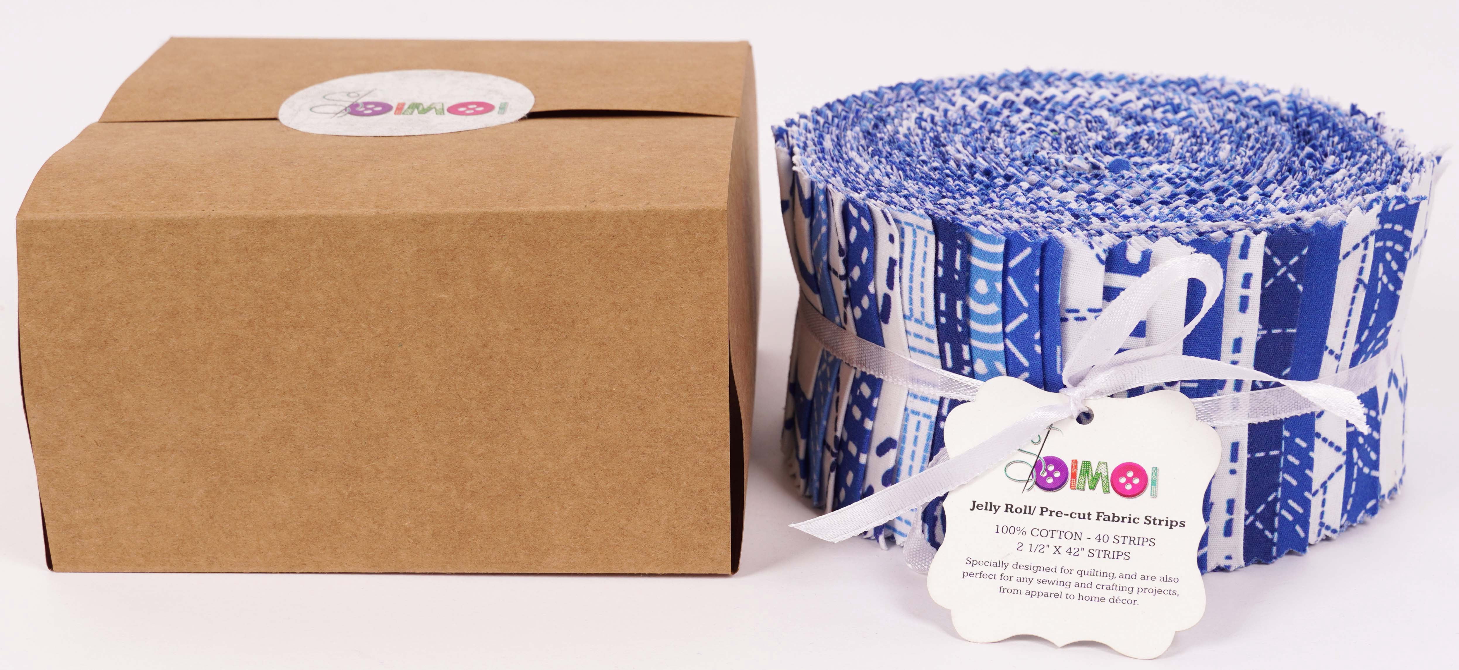 Soimoi 40Pcs Japanese Sashiko Print Cotton Precut Fabrics For Quilting Craft Strips 2.5x42inches Jelly Roll - Medium Blue