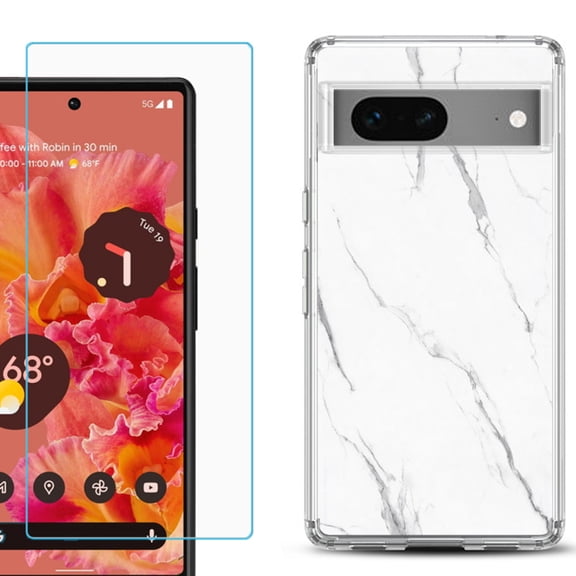 Slim-Fit Gel TPU Phone Case for Google Pixel 7, with Tempered Glass Screen Protector, by OneToughShield ® - Marble / White