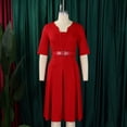 thumbnail image 4 of AURA Plus Size A Line Midi Dress Solid Color Round Neck Three Quarter Sleeve With Belt S XXXL, 4 of 7