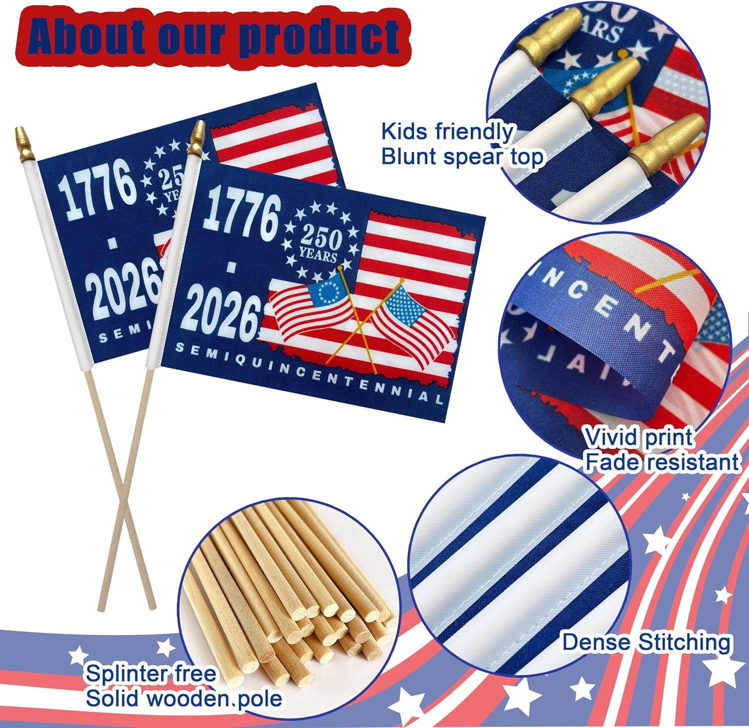 12 Pack Mini American Flags On Stick, 5 x 8 Inch Handheld USA Patriotic 250th Anniversary Flags, 1776-2026 For 4th Of July Outdoor Decor,