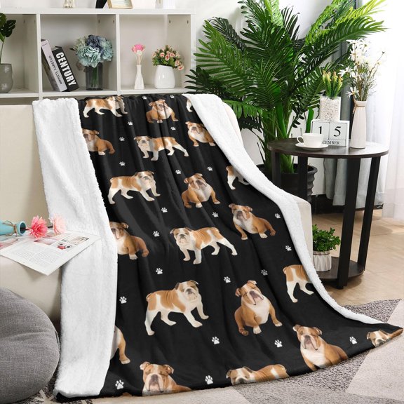 Bulldog Dog and Footprints Blanket,Comfortable Soft Flannel Throw Blanket,All Season,Warm Lightweight Blankets for Sofa Bed Couch Living Room Chair,40"x50"(100x130cm)