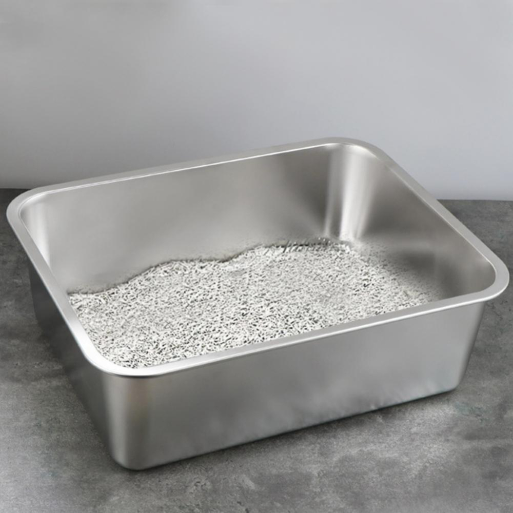 QUTETN Rectangle Stainless Steel Cat Litter Box Broken-resistant Low Entry Open Spacious Metal Litter Pan Pet Accessories