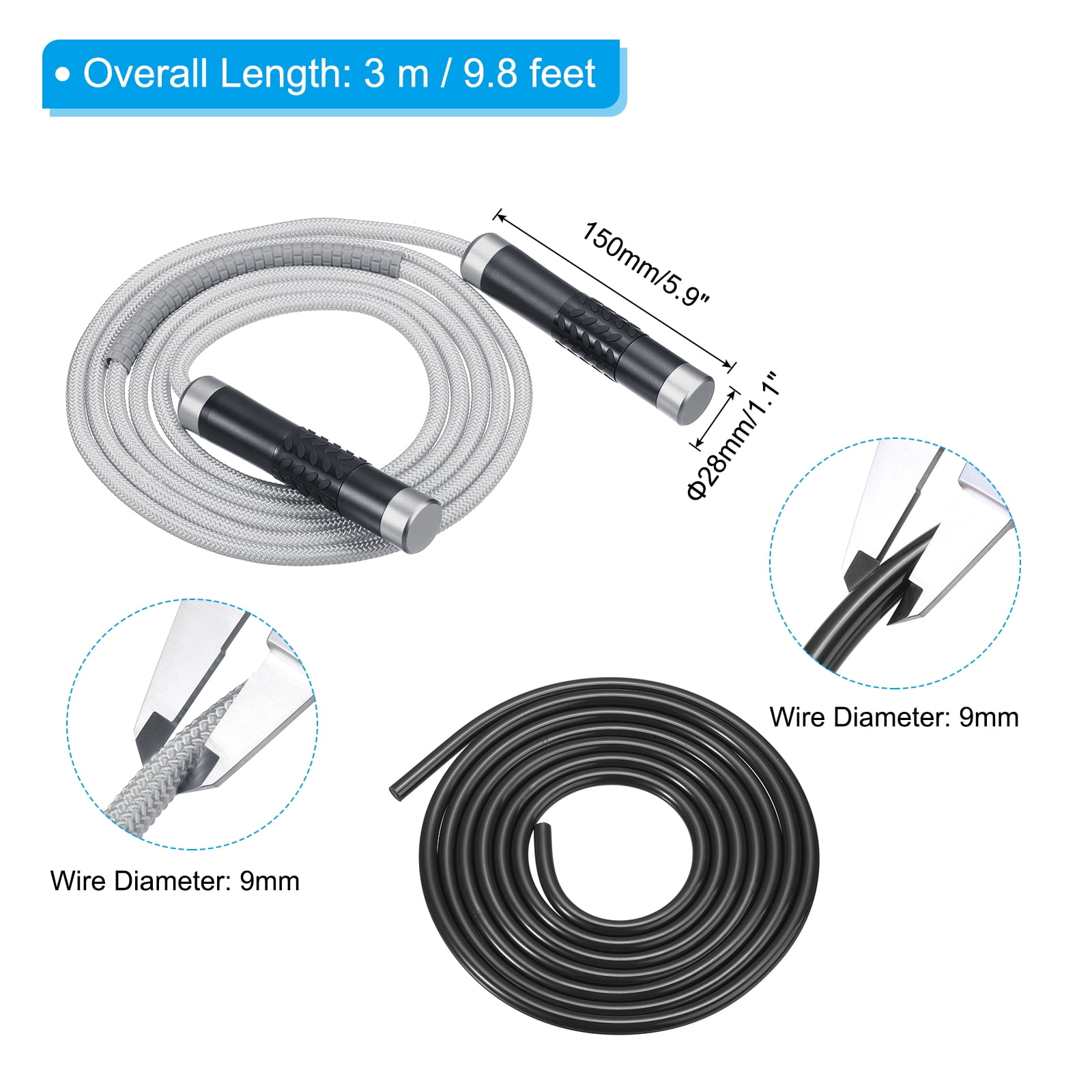Uxcell Weighted Jump Rope 0.9LB Workout Speed Skipping Rope 9mm Fabric Cotton & 9mm Solid Rope Gray