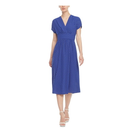 ANNE KLEIN Womens Blue Belted Sheer Unlined Polka Dot Short Sleeve Surplice Neckline Midi Wear To Work Faux Wrap Dress 4