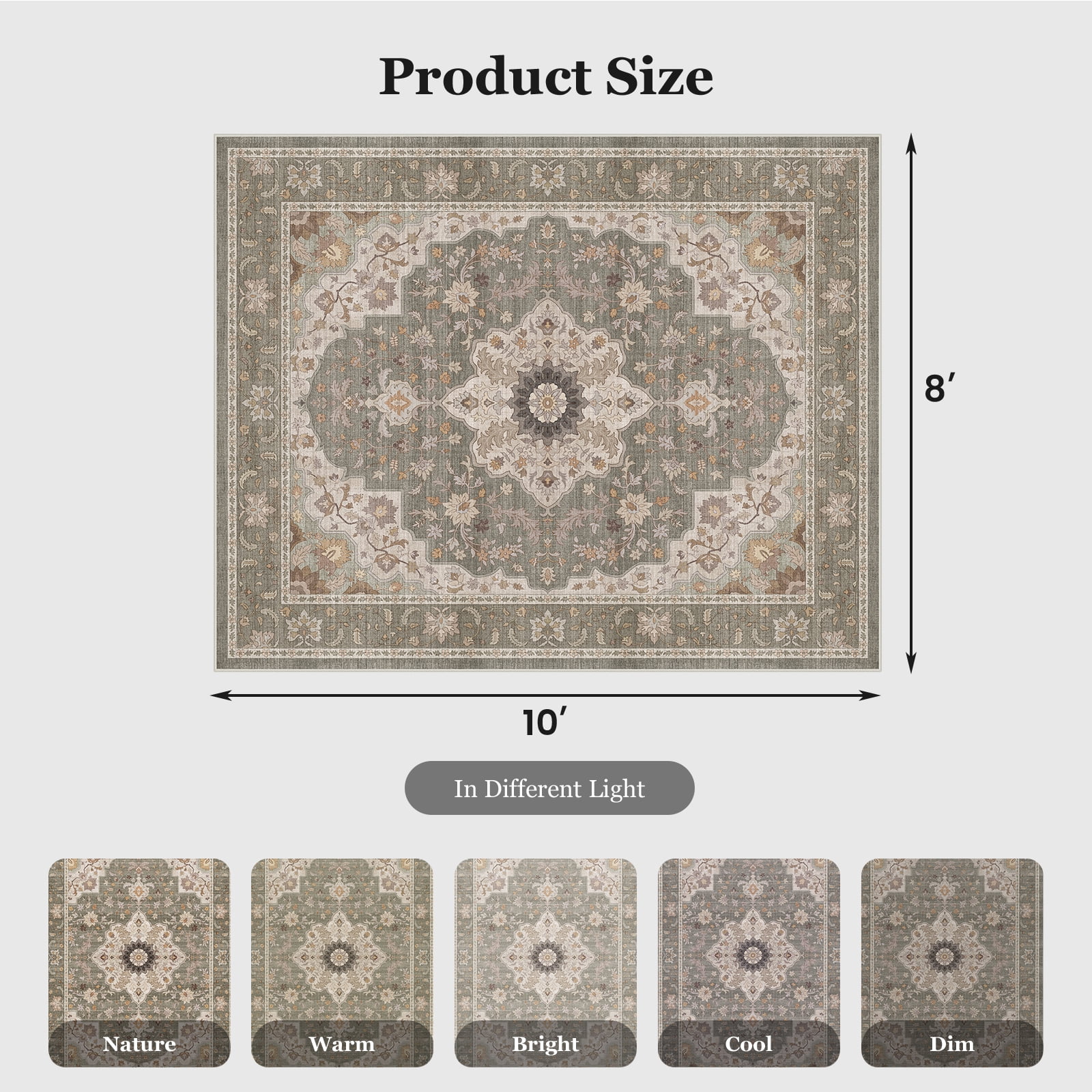 CHITOOMA 8'x10' Area Rugs for Living Room, Boho Machine Washable Floral Area Rug with Non-Slip Backing, Stain Resistant Non-Shed Carpet for Bedroom, Dining Room, Dorm, Office