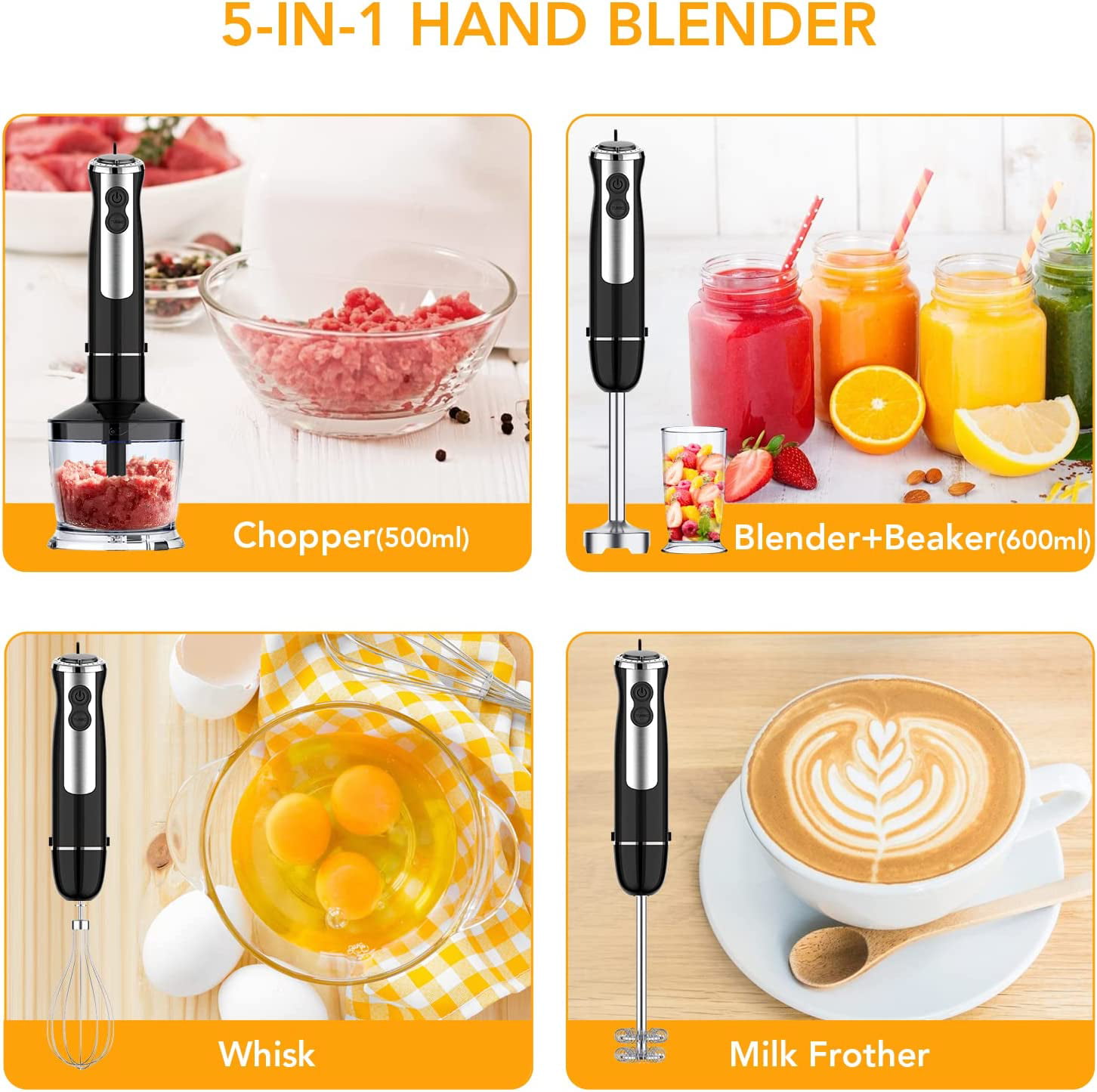 Immersion Blender Hand Blender, Abuler 800W Hand Mixer Stick, 5-in-1, 12  Speed BPA-Free Stick Blender 304 Stainless Steel, Chopper, Whisk, Milk