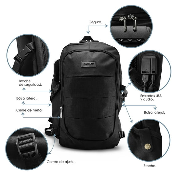Mochila Antirobo Impermeable Puerto Usb Para Laptop ,Color Negro Idea Nuova Mochila con seguridad en color Negro