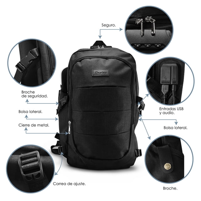 Mochila Antirobo Impermeable Puerto Usb Para Laptop ,Color Negro Idea Nuova Mochila con seguridad en color Negro