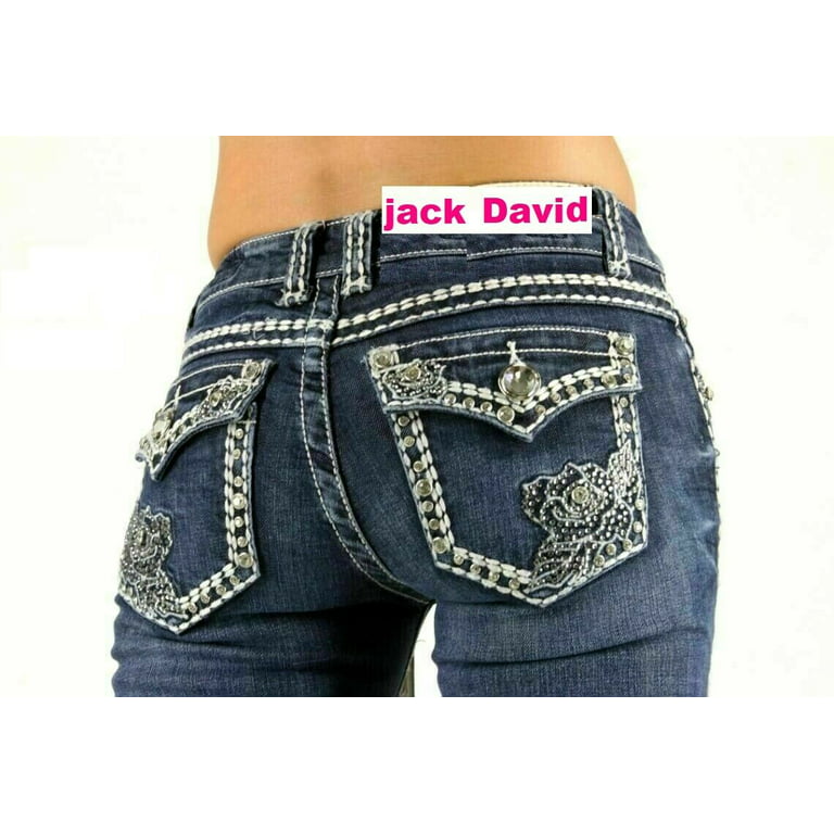 Jack David Women's Rhinestone Mid Rise Bootcut Stretchy Denim Jeans Pants  (Jack David Bootcut Blue 3440-PB )