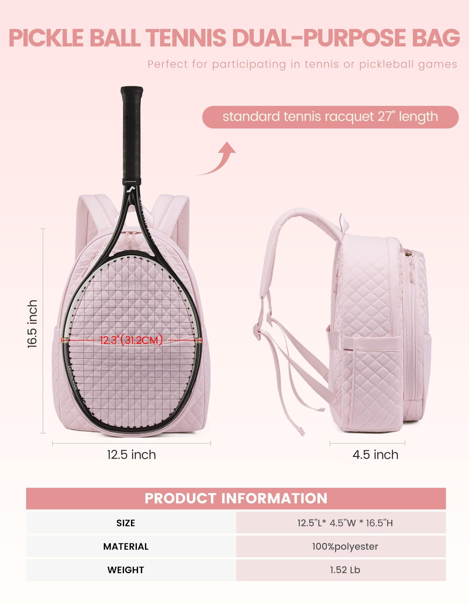 Waterproof Quilted Tennis Backpack Sling Bag for 2 Rackets, Crossbody Sport Bag for Men & Women,  Lightweight Durable Gym Daypack for Tennis, Pickleball, Padel