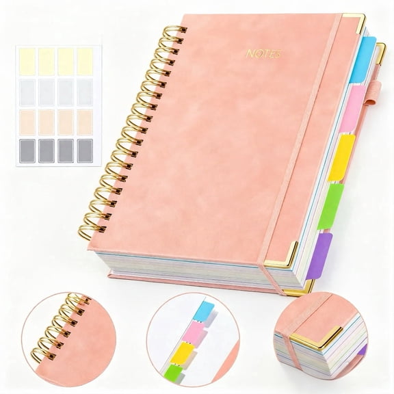 LU TANSHENG 8"x10 B5 Hardcover Spiral Notebook, 300 Pages 5-Subject Ruled Journal with Removable Divider Tabs, Leather Interior Planner for School & Work, Pink