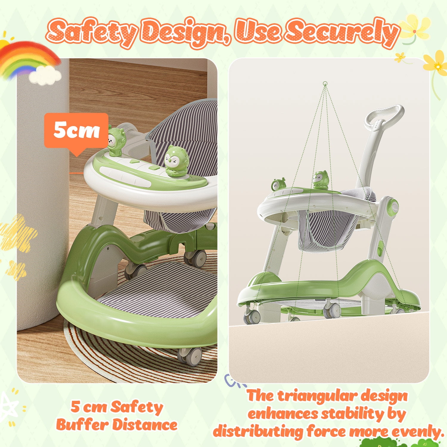 WonderStone 5 in 1 Baby Walker, Foldable Push Walker with Wheels, Music & Light, Baby Bouncer, Baby Activity Center for Boy Girl 6-12 Months (Green)