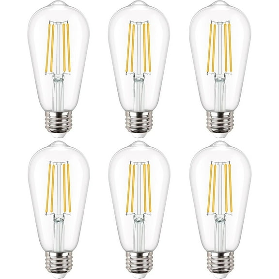 Vintage LED Edison Bulbs, Dimmable 60W Equivalent 800 lumens, 6W Warm White 2700K, 80  CRI, ST58 Antique LED Filament Bulbs, E26 Medium Base, Clear Glass, Pack of 6