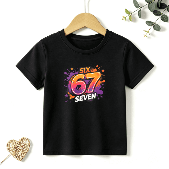 Boys Graphic T Shirt Six Seven Graffiti Number Short Sleeve Tee Sixth Birthday Party Style 100% Cotton Soft Kids Tops 4-13Y