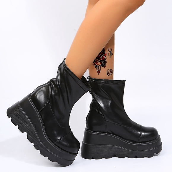 Women's Shoes Wedge Heel Ankle Boots Flat Side Zipper Round Toe Solid Color Nude Platform Boots