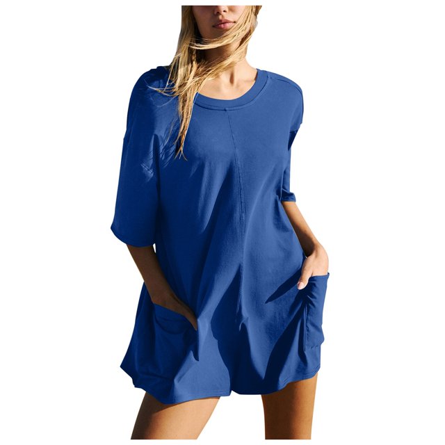 Women Summer Casual Rompers - Short Sleeve Backless Loose Athletic Beach Shorts Jumpsuit, Polyester Material, Comfortable for Daily Wear
