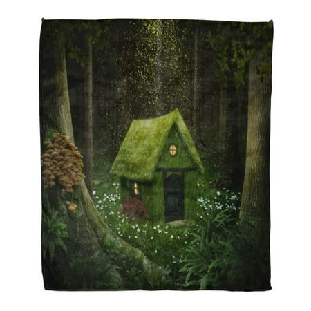 Moss Cottage - ASHLEIGH Throw Blanket Warm Cozy Print Flannel Fantasy Little House of Moss in Enchanted Forest Cottage Comfortable Soft for Bed Sofa and Couch 50x60 Inches