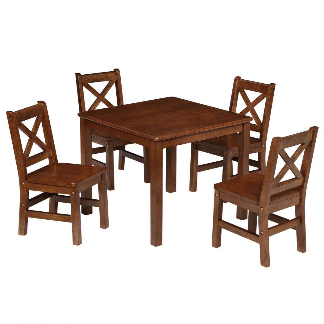 eHemco Solid Hard Wood Kids Table and X-Back Chairs Set (4 Chairs Included), Coffee, 5 Pieces Set