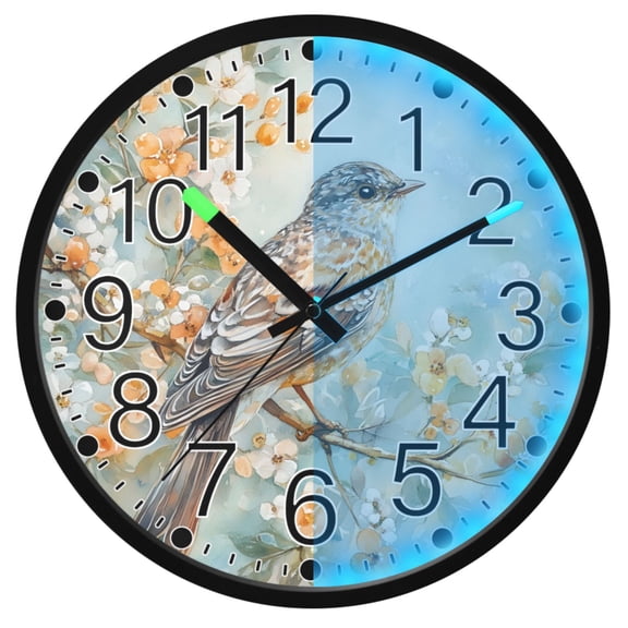 Ryvnso Bird Flower Watercolor 12 Inch Night Light Wall Clock Silent Battery Operated Luminous Clocks