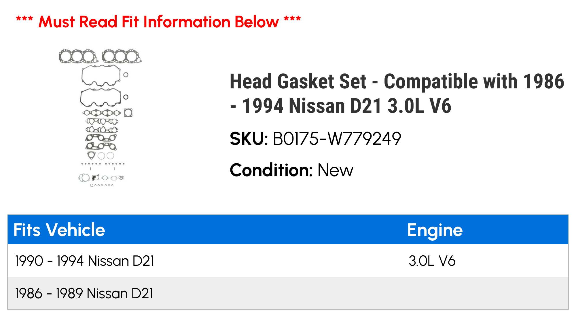 Head Gasket Set - Compatible with 1986 - 1994 Nissan D21 3.0L V6 1987 1988 1989 1990 1991 1992 1993