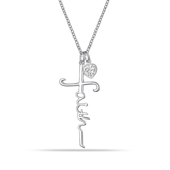 LeCalla 925 Sterling Silver Pendant Necklace Elegant Faith Cross CZ Heart Pendant Necklace for Women and Teen 16 2" Inches