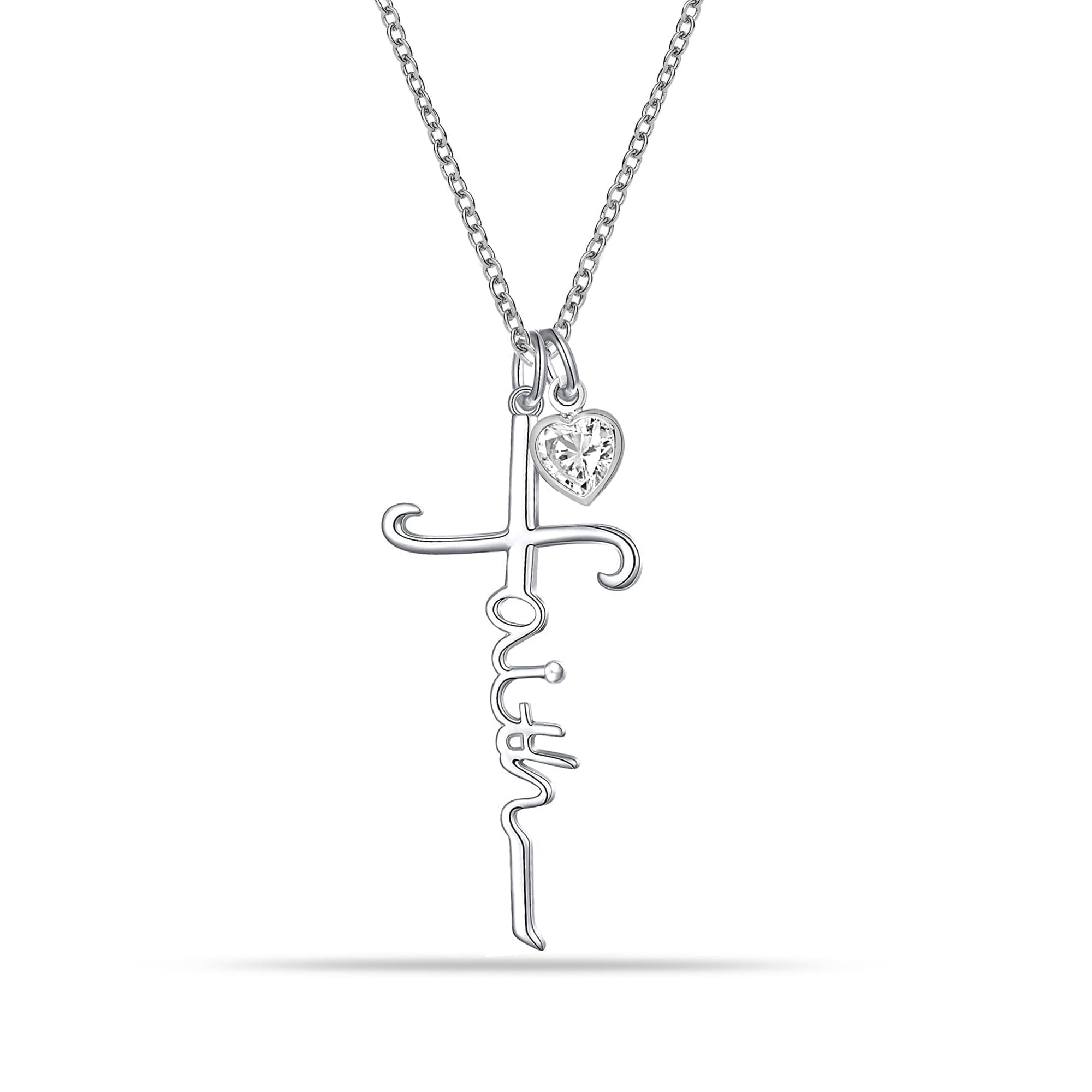 LeCalla 925 Sterling Silver Pendant Necklace Elegant Faith Cross CZ Heart Pendant Necklace for Women and Teen 16+2" Inches