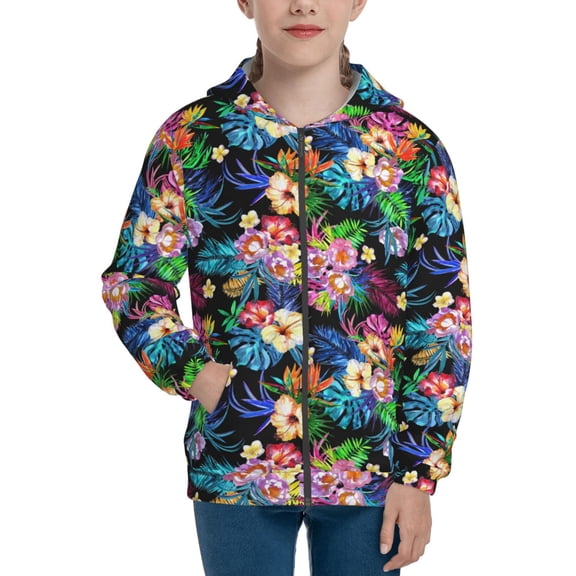 Naloa Colorful Flowers Teenage Zipper Hoodie, Long Sleeve Zip Up Hoodies Casual Jackets Tops for 7-12 Years-Small