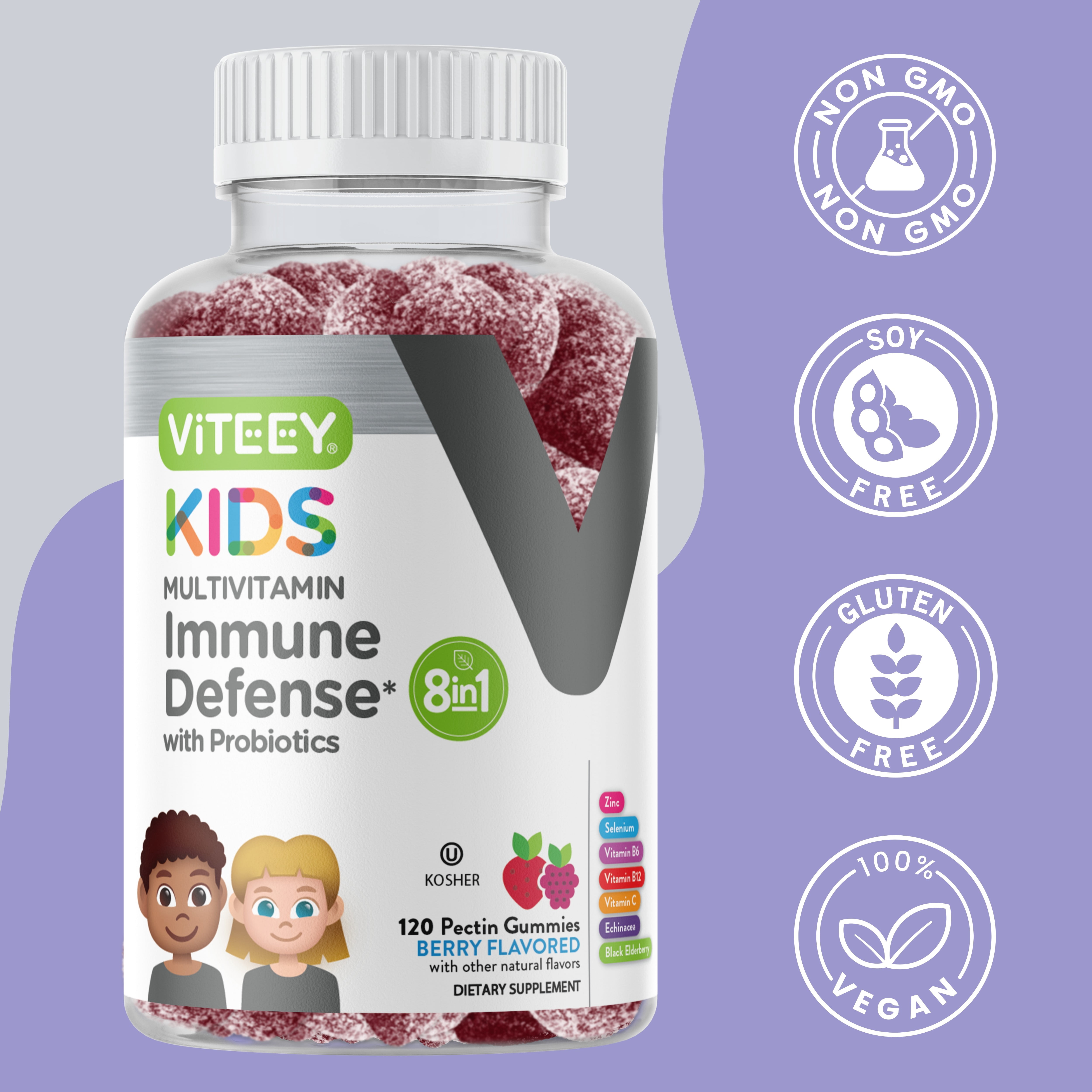 VITEEY Kids Multivitamin Gummies with Probiotics, Immune Support, Berry Flavor, 120 Ct