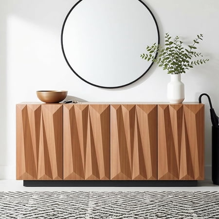 LQLI 59.5 Contemporary Geometric Sideboard Buffet with 3D Triangular Doors & Floating Base Credenza Storage Cabinet for Living Room Kitchen Entryway Natural Walnut