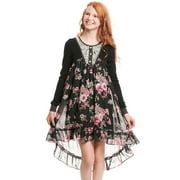 Truly Me, Big Girls' Long Sleeve Printed High-Low Dress with Lace Embellishment