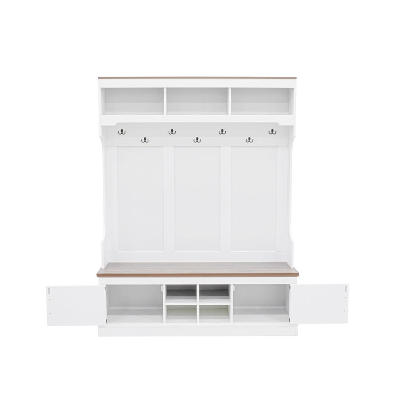 5-in-1 Farmhouse Hall Tree Bench and Shoe Storage, Entryway Storage Organizer Cabinet with Coat Rack,4 Shoe Cubbies & 7 Hooks for Hallway, Entryway, Living Room
