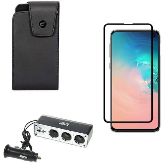 Galaxy S10e Case Belt Clip w Car Charger Splitter w Screen Protector - Leather Swivel Holster, DC Socket USB Port Power, Tempered Glass 5D Curved Edge for Samsung Galaxy S10e Phone