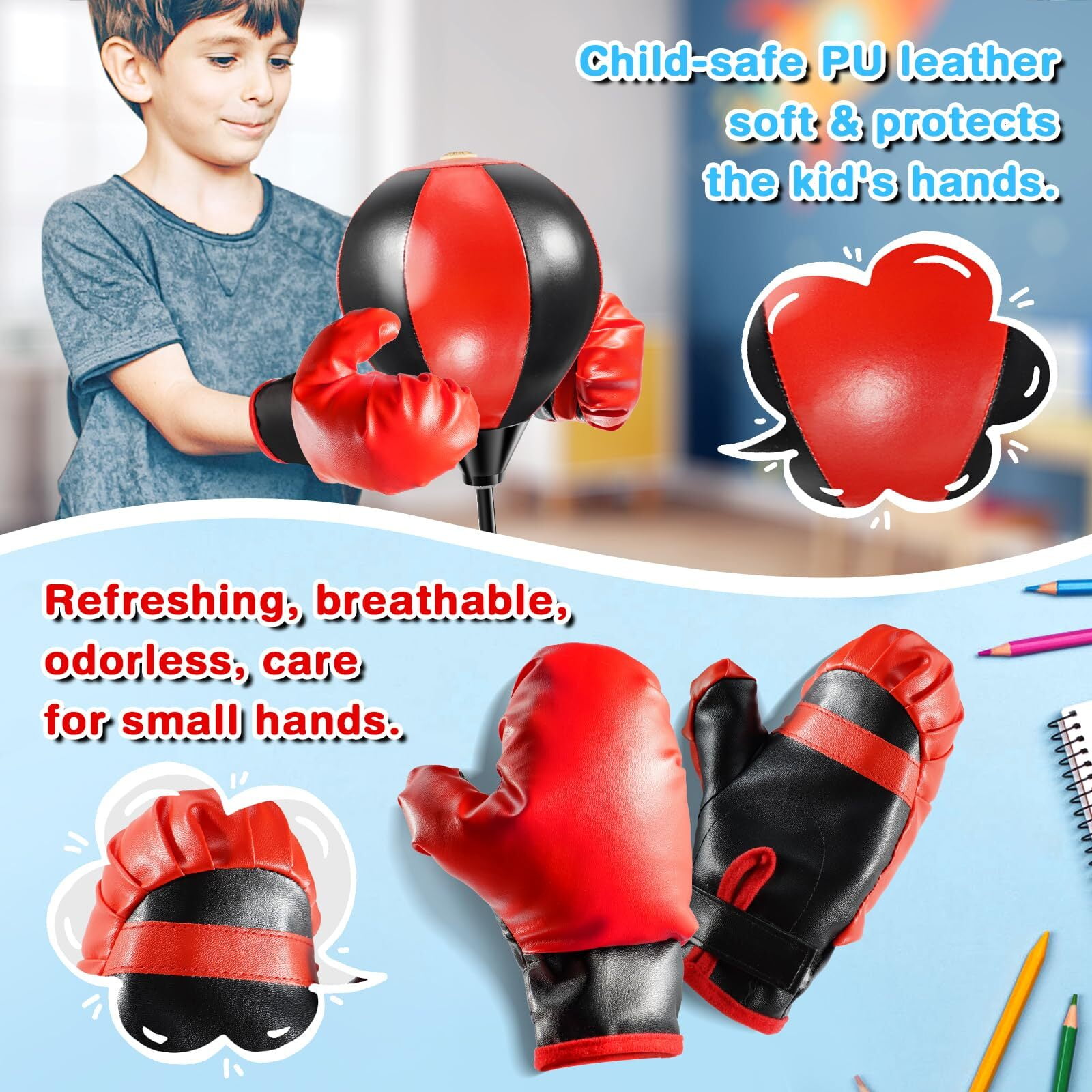JBeeCtrl Punching Bag for Kids with Adjustable Stand Boxing Bag with Boxing Gloves Punching Bag Boxing Toy Set Sport Game Toys for Boys and Girls Ages 3-10 Years Old