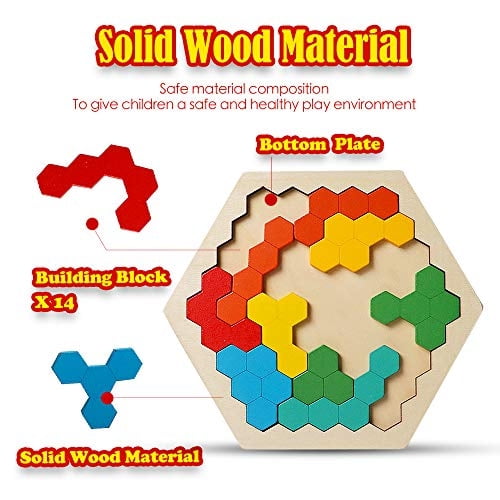 Rompecabezas hexagonal de madera Rompecabezas Toy Tangram Jigsaw Shape Pattern Block Color Skrtuan Skrtuan