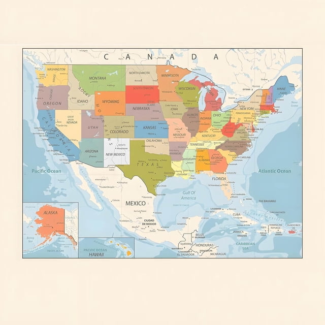 Póster actualizado del mapa de EE. UU. 2025 12x18 - Arte mural vintage a color con Mount McKinley para la decoración de la oficina en casa y educación geográfica